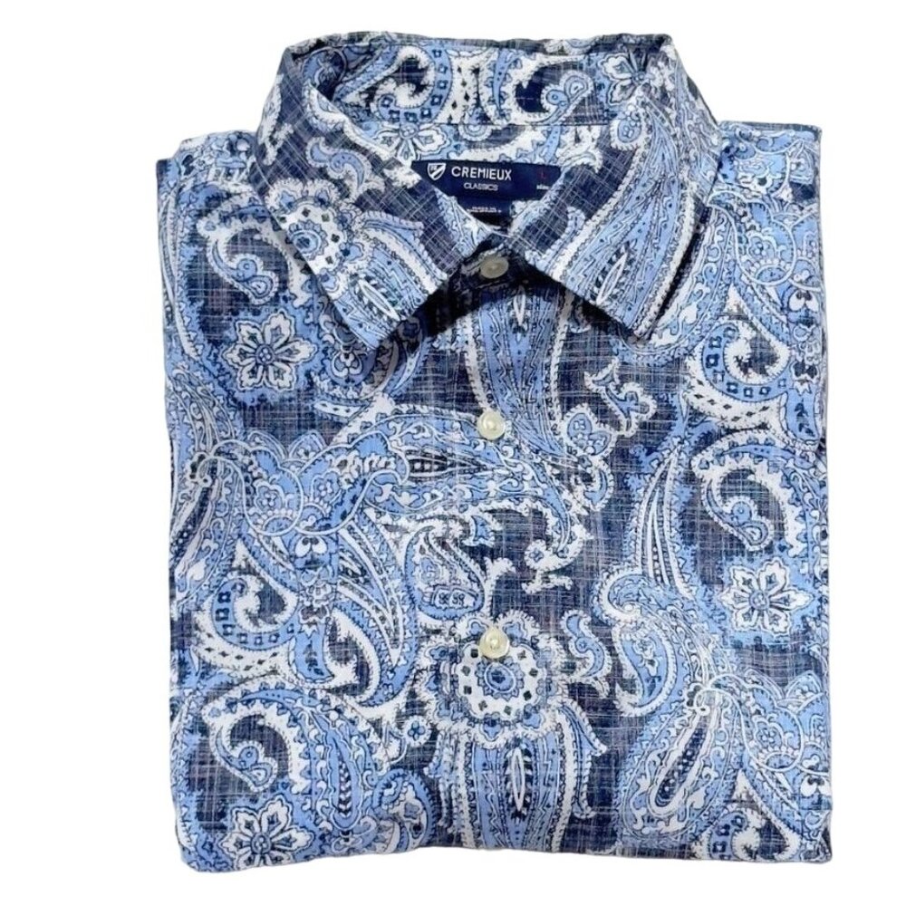 CREMIEUXCLASSICS Mens Short Sleeve Shirt Cotton Paisley Powder Blue Button Up Co